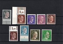 1945 MUHLBERG Local Issue, Germany, Overprint on Hitler's head (Mi. 1 - 2, 5a, 5b, 8, 10, 12, 14, 16, Red Overprint, Signed, CV $770, MNH)