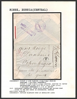 1915 Unfranked Commercial Cover with Postage Due raised from Minsk to the Red Cross in Copenhagen, Denmark. MINSK Censorship: violet 2 line marking (41 mm/53 mm) reading