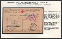 1917 Return Portion of Trilingual (Russian, German, French) Red Cross P.O.W. Reply Postcard, From Skobelev with Tashkent Transit Cancel, to Bodenbach, Austria. TASHKENT Censorship:violet oval (49x27mm) reading.