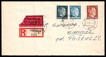 1942 (24 Nov) Ostland, German Occupation, Germany, Registered Express Cover from Vilnius to Kaunas franked with 4pf, 20pf and 24pf (Mi. 3, 11 - 12, CV $30)