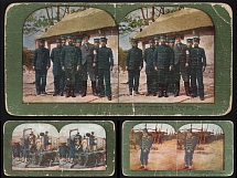 1905 Russo-Japanese War Stereo-view cards Japan Military personnel Telegraphists Cavalry hostler Artillery immense mortar (3)