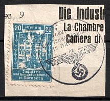 1943 20pf Nuremberg, Third Reich, Germany, Fiscal, Tax Stamp for the Acts of the Chamber of Commerce and Industry (On piece, Used)