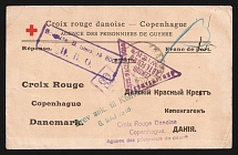 1916 Petrograd Censorship, WWI Censored POW postcard from Petrograd to Copenhagen with violet boxed censor handstamp 'Opened by censor 800' and Vienna cs