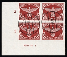 1942-43 Military Mail Fieldpost Feldpost, Germany, Block of Four (Mi. 2 B HAN, Plate Numbers, Corner Margins, Used, CV $30)