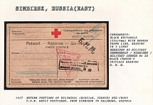 1917 Return Portions of Bilingual (Russian, French) Red Cross P.O.W. Reply Postcards, from Simbirsk to Salzburg, Austria. SIMBIRSK Censorship: black rectangle (55 x 14 mm) reading in 3 lines