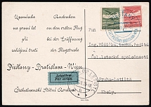 1935 (1 Jun) Czechoslovakia, Airmail Postcard from Piestany to Prague franked with 50h and 1k