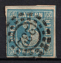 1849 3kr Bavaria, German States, Germany (Mi. 2 I a, Canceled, CV $120)