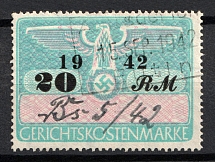 1942 20rm Third Reich, Germany, Fiscal, Court Cost Stamp, Revenue (Used)