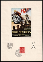 1938 Rare 'European Grand Prix for motorcycles on the Sachsenring near Hohenstein-Ernstthal. August 7, 1938', Propaganda Souvenir Sheet, Third Reich Nazi Germany