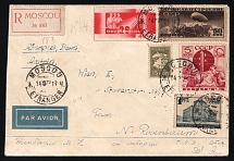 1936 Russia USSR Air Mail Moscow registered cover fr. 50k Airship + 40k Baku commissars + 5k Pioneers + 1r Telegraph + 15k def to Wien Vienna Austria