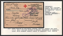 1917 Front Portion of Trilingual (Slovak, Russian, German) Red Cross P.O.W. Reply Postcard printed in Hungary, postmarked at Sebranice, Cechy, with Tashkent Transit Cancel to Cherkassy, Kiev, Ukraine. SEBRANICE Censorship: violet oval (49 x 27 mm) reading