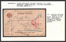 1917 Russian Postcard printed in Turkestan, used as P.O.W. Card, from Bobrov, Voronets to Kralove Vinohradech, Cechy, Austria.  Censorship: violet rectangle (49 x 23 mm) reading in 4 lines