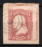 1861 3c Washington on piece, United States, USA (Scott 65, Rose, SHIFTED Perforation, Used)