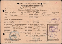 1944 (6 May) Third Reich, Germany, Leave Certificate for Military Personnel, Field Post Feldpost (Violet and Blue Handstamps, Used)