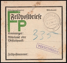 1944 (31 Jan) Third Reich, Germany, Pre-binding slip for letters, Field Post Feldpost ('Field Post Office in Warsaw' Handstamp, Used)