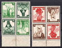 1935 Third Reich, Germany, Tete-beches, Se-tenant, Zusammendrucke, Blocks of Four (Mi. K 25 - K 26, Margins, CV $40, MNH)