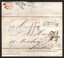 1860 Russia ODESSA diamond pmk stampless folded entire cover via Prussian Railway TPO BRESLAU-BERLIN transit and AUS RUSSLAND frontier pmks to D Z / LONDON England GB UK