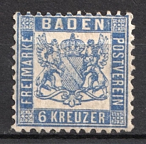 1864-67 6kr Baden, German States, Germany (Mi. 19,  CV $30)