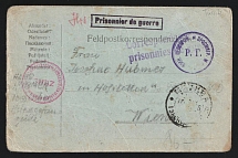 1917 Moscow Censorship, WWI POW Censored cover from Moscow to Austria with violet round censor handstamp 'Viewed by censor RG (РГ)' and Austria cs